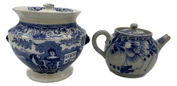 Early 19thC Blue & White Porcelain Cache Pot, 5.5' Diam. X 5'H & 19thC Tea Pot