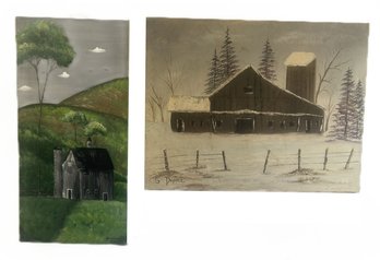 2 Vintage Signed, Unframed Paintings On Canvas Of Barns, Largest 24' X 18'H