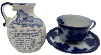 3 Pcs Porcelain-Antique Waldorf Flow Blue Cup & Saucer & Vintage Delft Left Handed 'Southpaw' Pitcher, 4-7/8'H
