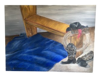 HUGE Acrylic On Canvas Of Cowboy Boots, Rope, Hat And Gloves, 48' X 36'H