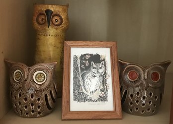 4 Pcs Ceramic Owls - 2-party Lite Brand, Italian Owl  & Small Owl Framed Picture