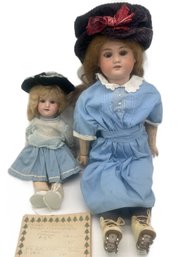 2 Pcs Vintage German Bisque Head Dolls, Write-up Paperwork & Article, Largest Doll 24'L