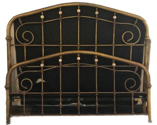 Antique Queen Size Brass Bed With Alabster Ball Accents, Headboard, Footboard And Iron Rails