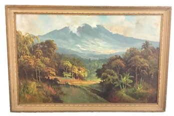 Large Framed Oil On Canvas Of Tropical Mountain Scene, Signed (?) And Dated 1962, 47.5' X 32'H