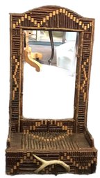 Fabulous Arts & Crafts Adirondack Step Back Mirrored Shelf With Drawer & Stag Drawer Pull, 18.5' X 13' X 35'H