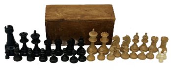 Vintage Various Wood And Other Chess Pieces In Slide Top Box, Good For Parts