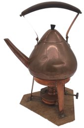 Vintage Copper Kettle On Stand With Burner Attached To Wooden Base, 9.5' X 8.5' X 15.5'H