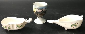 3 Pcs Vintage, 2-Instrument Shaped Salts W/Porcelain Spoons, Largest 3.75' X 1.5' X 1.5'H & Egg Cup
