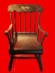 Antique Black Tole Painted Wooed Child's Rocker With Curved & Carved Arms And Seat, 14.75' X 18.75' X 27'H