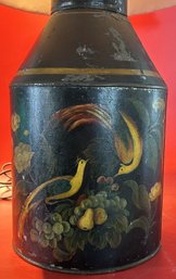Antique Black Tole Painted With Birds Tin Made Into Lamp With Custom Shade, 14' Diam. X 24'H