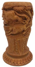 Vintage Wooden Treenware Heavily Carved Vase With African Animal Theme, 3-5/8' Diam. X 6-1/4'H