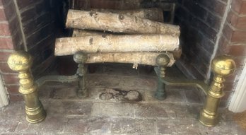 Antique Pair Bold Brass Fireplace Andirons With Birch Logs, 18' X 12' X 14.5'H