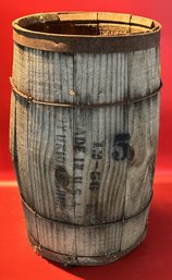 Antique Wooden Barrel Nail Keg With Original Stenciling, 12' Diam. X 18'H