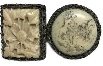 Two (2) Early 20thC Chinese Carved Bone Or Ivory And Silver Brooches With Spring Clips