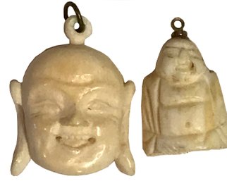 Two (2) Carved Ivory Hotei Buddah Pendants, Largest 1.W X 1.25'H