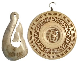 Two (2) Pcs Antique Carved Chinese Ivory Pendants, 1-Fish Hook Whale And 1-Round2-1/8' Diam.