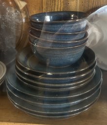 12 Pcs Blue Stoneware Studio Pottery Plates & Bowls, (2 Chips Noted), Largest 9.5' Diam.