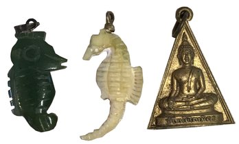 Three (3) Antique Chinese Carved Pendants, Jade Fish, Ivory Seahorse, & Metal Buddah Priest (1-1/4'H)