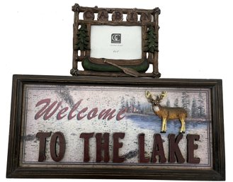 2 Pcs Lake Dcor 3-D Welcome To The Lake Wall Sign & Picture Frame With Word Cabin & A Canoe