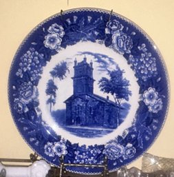 Antique Blue & White Souvenir Plate Of 1St Congregational Church, Westfield MASS, Founded 1679, 10' Diam.