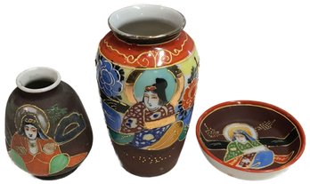 Three (3) Pcs 2othC Similarily Decorated Japanese Porcelains, 2 Vases & 1 Small Dish