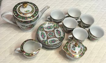 Antique 15 Pcs Chinese Export Porcelain Tea Set, Tea Pot, Creamer & Covered Sugar And 6 Cups & 6 Saucers