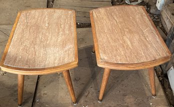 2 Pcs MCM Bench Made End Tables With Reddish/Pink Marble Inserts, 24.75' X 16.75' X 17'H