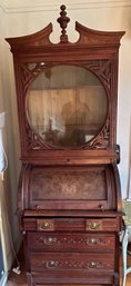 Incredible Victorian Burl Walnut Cylinder Top Secretary W/Single Fancy Round Framed Glass Door Over 3-Drawers