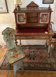 2 Pcs Spectacular Antique Desk With Storage And Chair Both With Bavarian Decoration By NH Artist