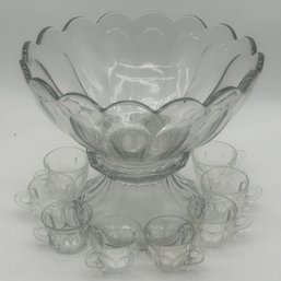 Vintage Flint Glass 11 Pcs Clear Punch Bowl Set, 2 Pc Punch Bowl & 9 Cups, 13.75' Diam X 11.5'H
