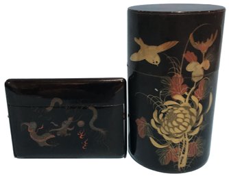 2 Pc Chinese RD Tea Canister (3-3/8' Diam. X  5-3/4')  & Folding Wooden Calling Card Case (4-58' X 3')