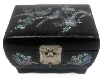 Vintage Japanese Black Lacquered With Mother Of Pearl Inlaid Jewelry/Music Box, 6' X 4.25' X 4'H