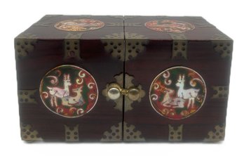 Vintage Brass Bound Rosewood With Mother Of Pearl Inlay 4-Drawer Jewelry Box, 6.75' X 3.5' X 3.5'H