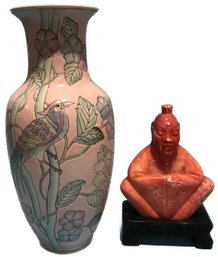 Two (2) Pcs Chinese Objects 1-20thC Pink Vase (6' Diam. X 13') & Vintage Pink & Gray Marble Confusious Statue