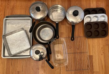 Various Cooking Pot & Pans, Baking Dish,  Revere Ware Pots, Brookstone Electronic Meat Fork And Others