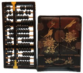 Two (2) Pcs Chinese Black Lacquered 2-Door & 5-Drawer Jewelry Chest And Brass Bound Abacus