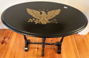 Antique Federal Style Oval Black Tilt-Top Gate Leg Tea Table With Gold Stenciled Eagle