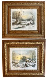 2 Pcs Antique Victorian Color Winter Lithographs In Fabulous Matching Wood & Carved Gold Frame, 30.5' X 26.5'H