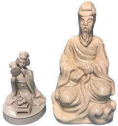 2 Oriental Chin Blanc Statues 1-Japanese Woman Playing Drum Rotating Music Box & 1-Confucious 6' X 5' X 11'H