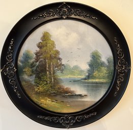 Antique Water Color Or Painting Of Lake Scene Signed GIBBS In Round Black Frame With Applique, 18' Diam.