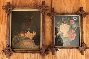 2 Pcs Victorian Arts & Craft Oak Leaf Frame With Floral Lithograph