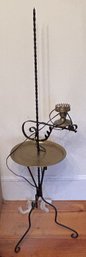 Antique Black Wrought Iron & Brass Electrified Adjustable Candle Stand Light &Brass Tray, 17.5' Diam. X 56'H