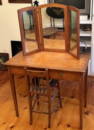 2 Pcs Antique Diminutive Quarter Sawn Oak 2-Drawer Dressing Table With Folding Mirrors And Chair