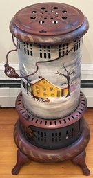 Vintage Or Antique Decorative Standing Coal Room Heater With Tole Painted Winter Scene, 12 Diam. X 23.5'H