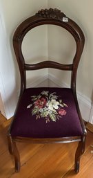 Antique Victorian Carved Walnut Side Chair With Burgundy Embroidered Floral Seat, 16.5' X 16.5' X 34.5'H