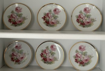 6 Pcs Antique Matching Hand Painted Porcelain Plates W/Pink Roses, 7' Diam. Marked Z.S. & Co Bavaria, 7' Diam.