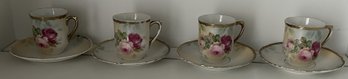 4 Set Vintage Matching Hand Painted Porcelain Cups 2.5'H & Saucers 6' Diam. Decorated With Pink Roses