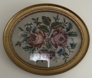 Vintage Oval Gold Framed Needlepoint Of Pink Roses, 13' X 11'H