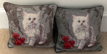 2 Pcs Matching Pair Needlepoint Pillows Depicting Sitting Persian Kitten, 13' Sq.