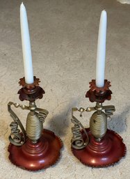 2 Pcs Decorator Matched Pair Of Burgundy & Gold Finger Candlestick Holders, 7' Diam. X 10'H